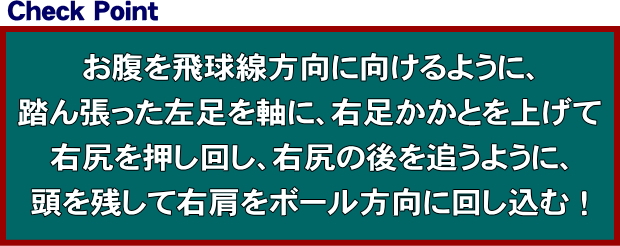 お腹を飛球線方向に向けるように、踏ん張った左足を軸に、右足かかとを上げて右尻を押し回し、右尻の後を追うように、頭を残して右肩をボール方向に回し込む！